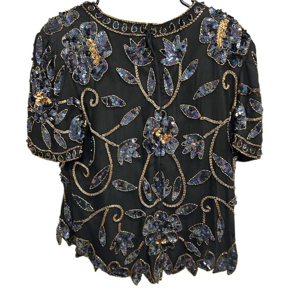 Sequin Beaded Large Papell Boutique Evening Black Floral Top Event Holiday Glam - Picture 2 of 9